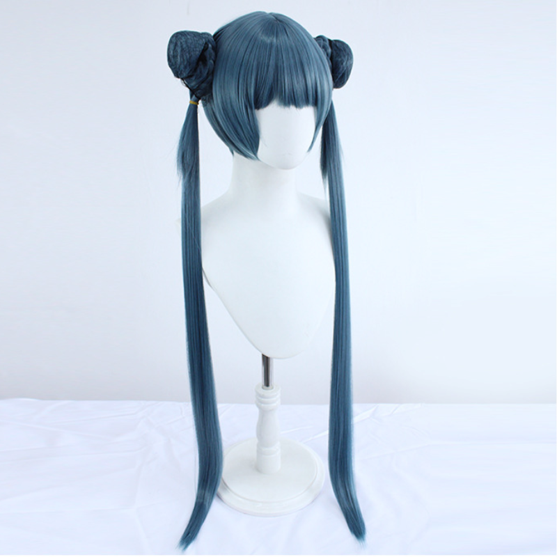 Grayish peluca azul Anime japonés Cosplay Periwig doble cola de caballo, disfraz de Halloween, accesorios para la cabeza, rendimiento, pelo simulado