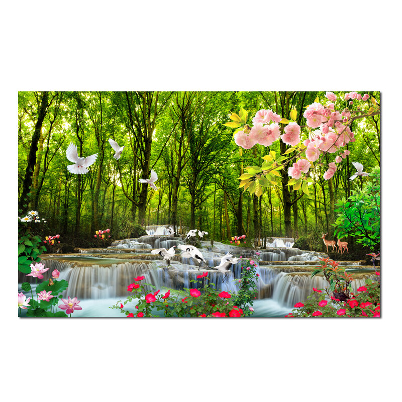 Toile de paysage de cascade de forêt, impression de fleurs de nature, peinture HD, image d'art mural, salon, décor à la maison, HYS2004