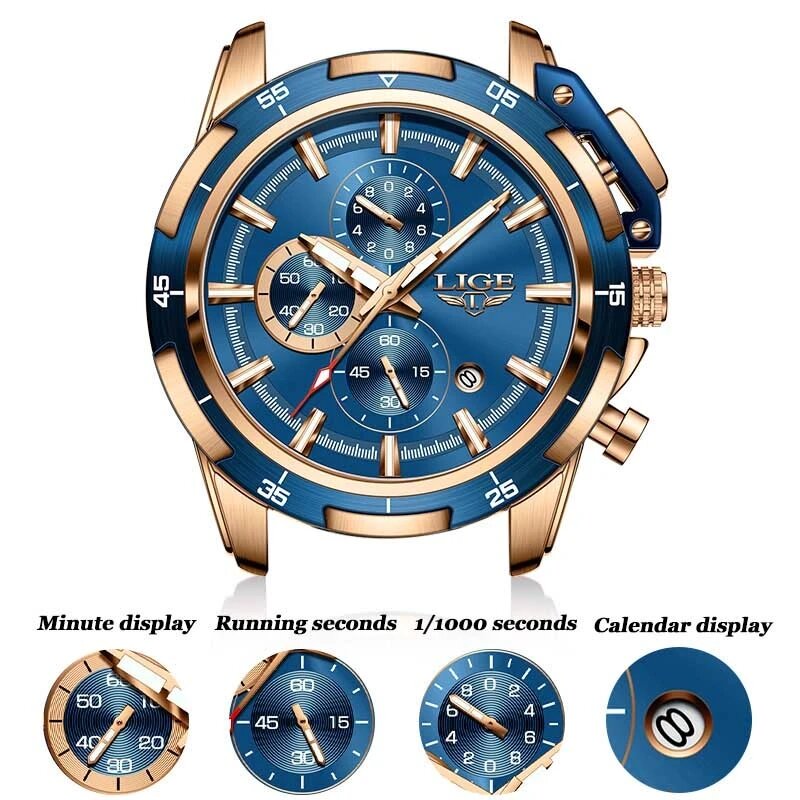 LIGE 남성용 럭셔리 스포츠 쿼츠 시계, 실리콘 방수 크로노그래프 손목시계, 최고 브랜드