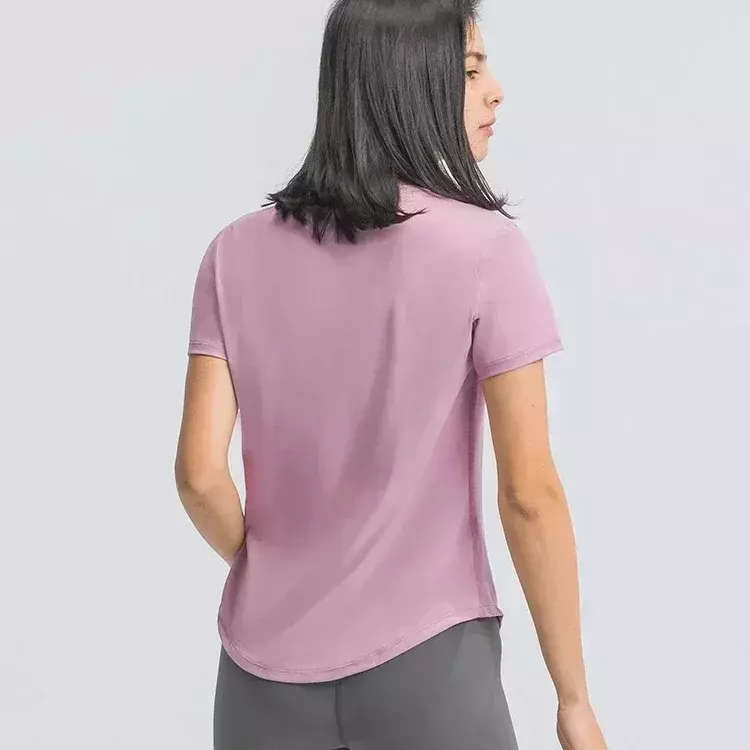 レモン-女性用のルーズなヨガ半袖シャツ,女性用の通気性のあるスポーツシャツ,湾曲した裾,カジュアル,伸縮性,速乾性,フィットネス服