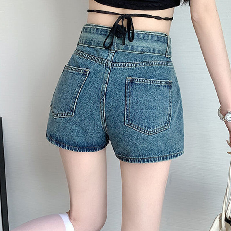 Summer New Women's Fashion Spicy Girl Casual Style Belt Irregular High Waist Denim Shorts and Skirts  jeans shorts