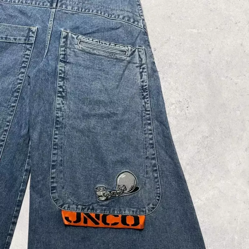 Jnco hip hop streetwear jnco กางเกงยีนส์ทรงแบ็กกี้กางเกงขากว้างมีกระเป๋าวินเทจผู้ชาย Y2K กางเกงยีนส์ทรงแบ็กกี้สีน้ำเงินวินเทจกางเกงยีนส์โกธิค