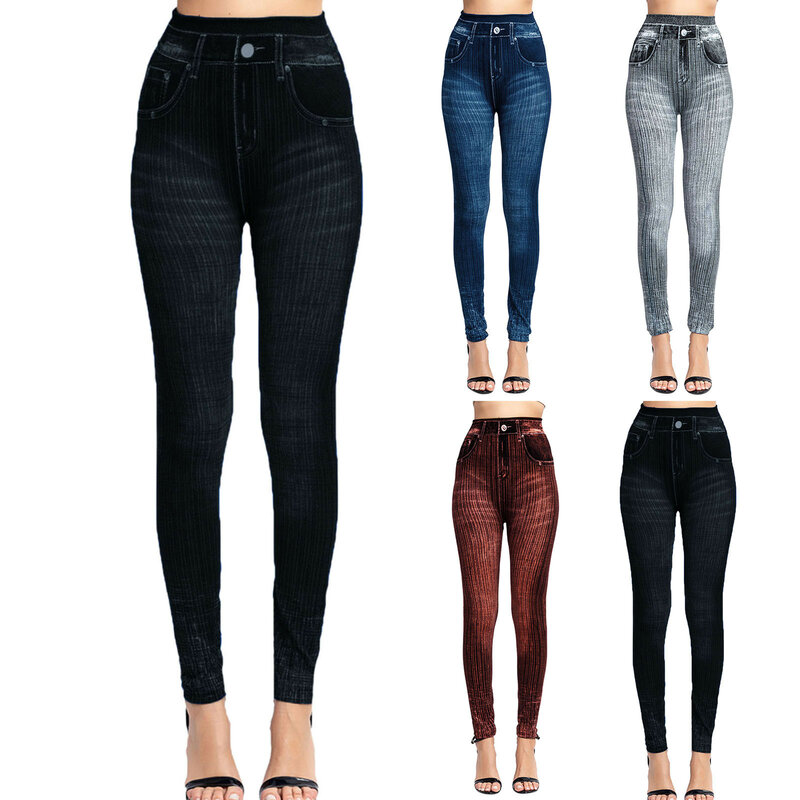 Leggings de jeans artificiais com bolsos falsos, jeggings elásticos, calça lápis fina casual macia, esticar bem, fitness, cintura alta, sexy