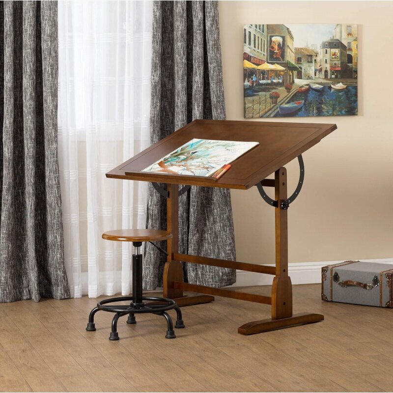Mesa de elaboração vintage com sulco de lápis embutido, design antigo, madeira maciça, projetos de estúdio