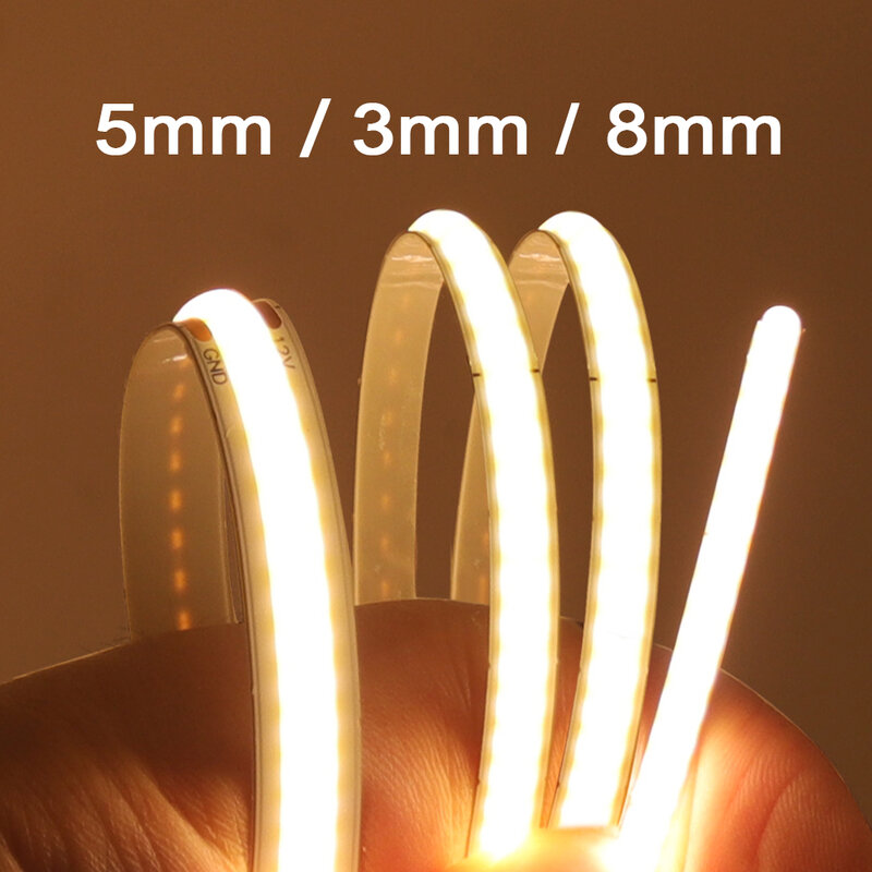 Bande lumineuse LED COB haute densité, lumières linéaires flexibles, blanc chaud naturel, 5V, 12V, 24V, PCB, 320, 480, 384, 528, 5mm, 3mm, 8mm