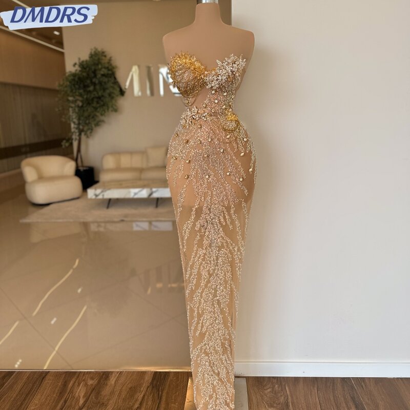 High Quality Straight Long Prom Gown Sexy Illusion Sleeveless Cocktail Dresses Luxury Sequins Beads Evening Dress Robe De Mariée