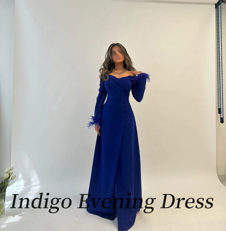 Gaun Prom Indigo gaun acara Formal wanita belahan tinggi Bulu A Line panjang selantai bahu terbuka 2024 vestidos de gala