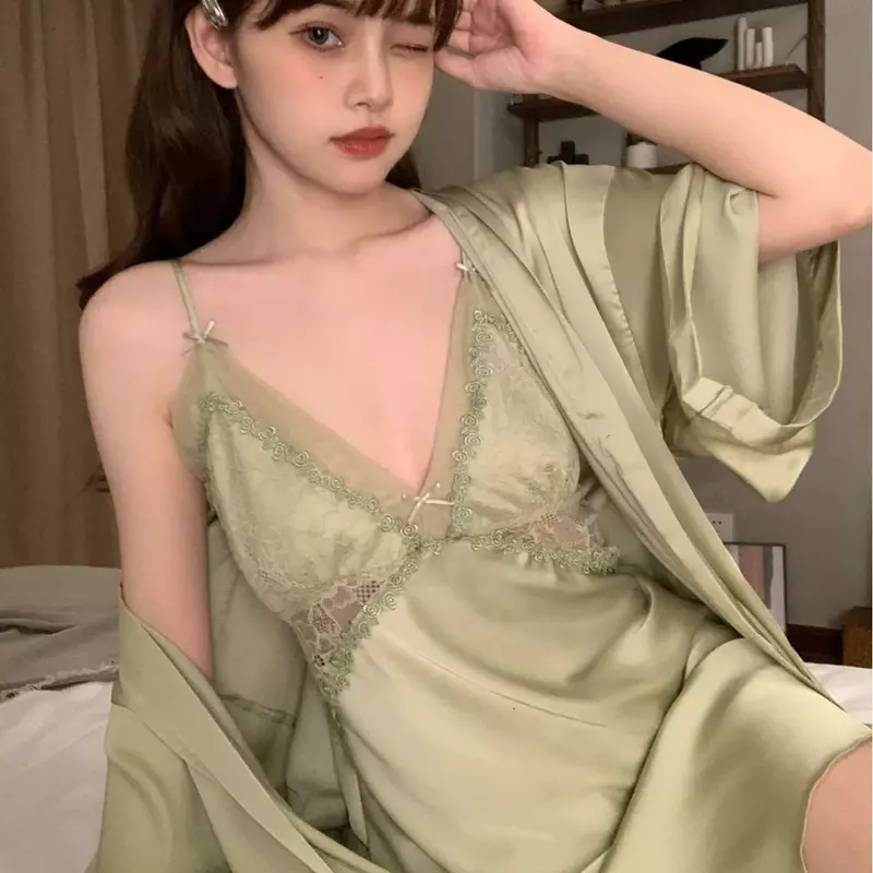 V-Hals Nachthemd Satijn Homewear Vrouwen Casual Gewaad Set Nachtkleding Kimono Badjas Pak Vrije Tijd Nachtjapon Rayon Nachtkleding