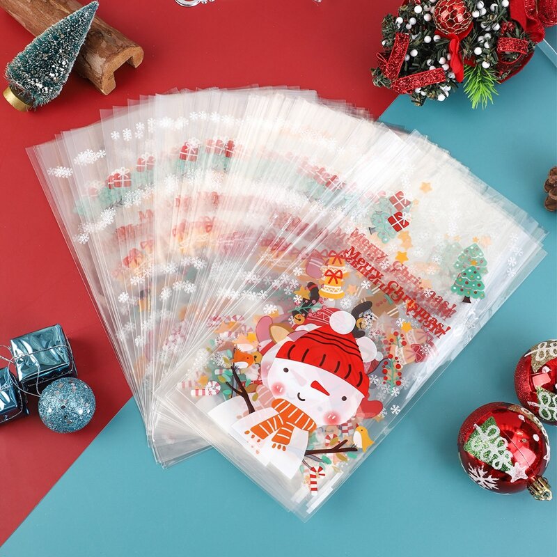 50 buah/pak tas kue panggang Natal berperekat tas hadiah biskuit Natal tas permen untuk perlengkapan pesta kebaikan