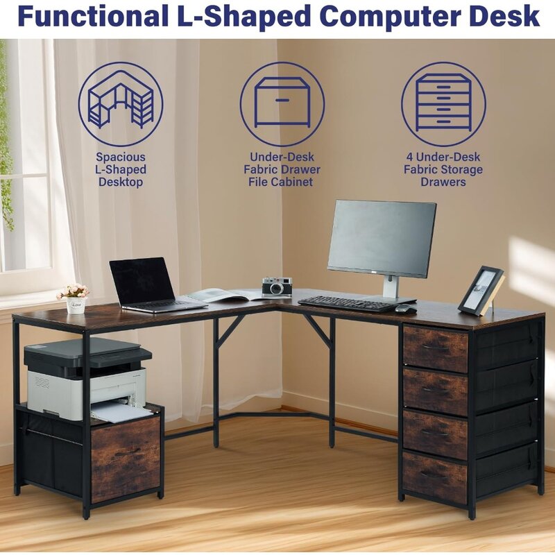 L자형 컴퓨터 책상, 18.9 인치 깊이 워크 스테이션, 레터 크기 파일 폴더 및 4 개의 천 보관 캐비닛, 대나무 59x59 인치