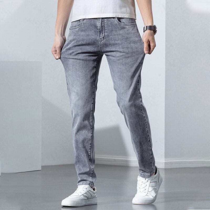 Celana panjang Denim Korea untuk pria, celana panjang Denim kurus melar, celana panjang kasual ramping klasik warna abu-abu 2023