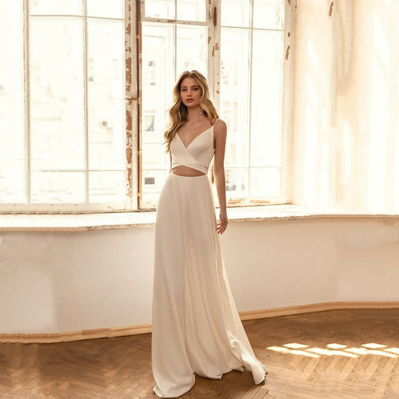 Женское простое пляжное свадебное платье It's yiiya, белое однотонное платье до пола на тонких бретельках с V-образным вырезом на лето 2019