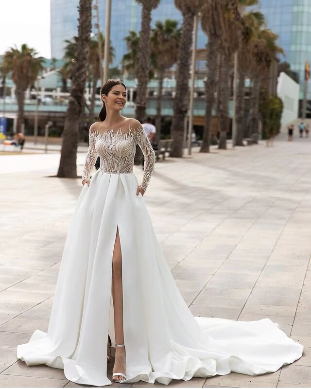Gaun pengantin elegan cantik gaun pengantin tanpa tali Applique seksi A Line wanita gaun Formal putri pesta pantai 2024 Vestidos