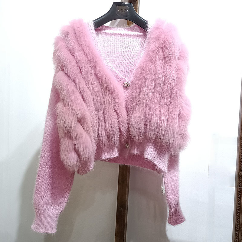 Women Spring Short Knitted Cardigan Coat With Real Fox Fur Fur Loose Fashion Natural Fox Fur Jacket Female Sweaters