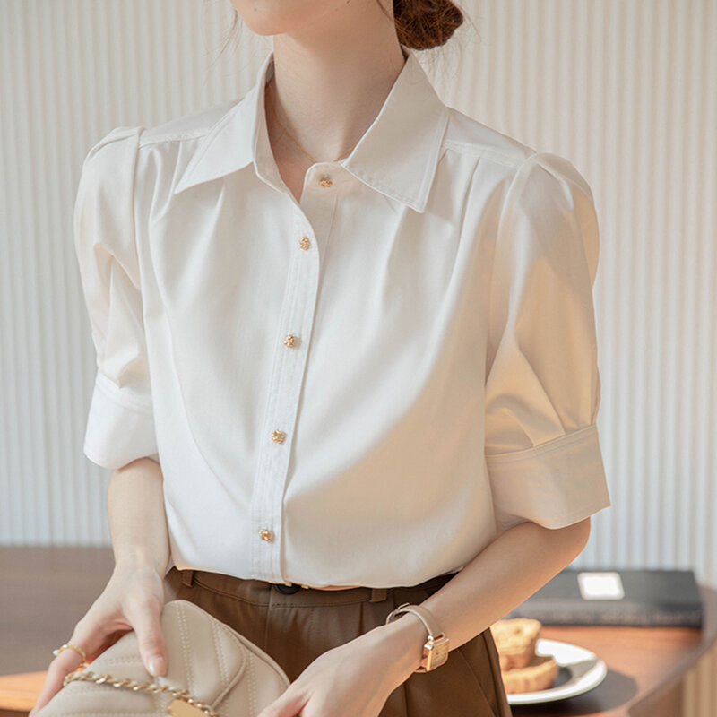 Qoerlin-女性用半袖ホワイトシャツ,オフィスウェア,シングルブレスト,折り返し襟,フォーマルブラウス,エレガントなトップス,夏