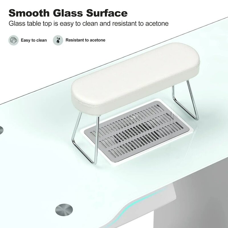 Mesa de manicure branca com tampo de vidro Descanso de braço dobrável Rodas bloqueáveis Gavetas de armazenamento para Nail Tech Paddie