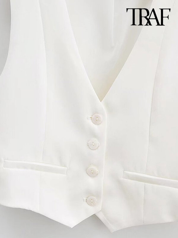 Damskie modne guziki z przodu przycięte kamizelki w stylu Vintage z dekoltem w szpic damska odzież wierzchnia eleganckie koszule bez rękawów