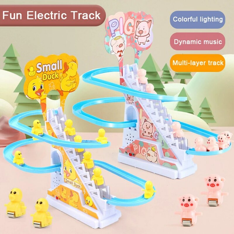 오리 돼지 슬라이드 장난감 세트, 재미있는 자동 계단 등반 만화 동물 경주 트랙 세트, 조명 음악, 어린이 생일 선물