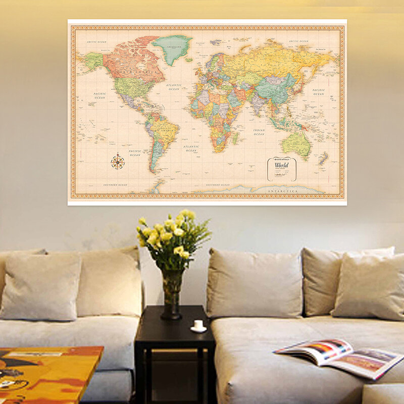 150*90cm The World Political Map Classic Vintage Non-woven Canvas Painting Wall Art Poster for Home Decor School Supplies