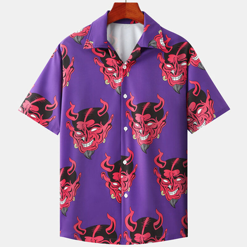 Camisa havaiana para homem gola cubana diabo impressão camisa masculina moda streetwear verão manga curta topo na moda roupas masculinas novas