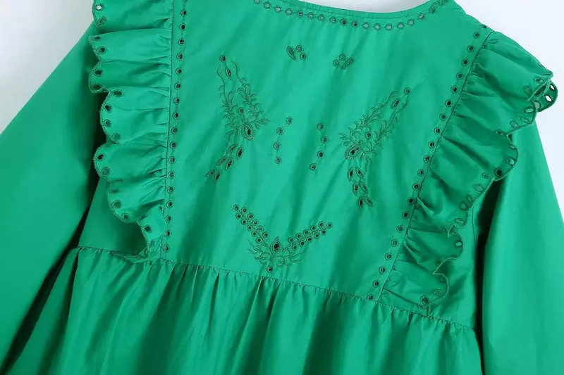 Женское мини-платье с вышивкой, свободное платье с V-образным вырезом и длинным рукавом, на пуговицах, в стиле ретро, 2024