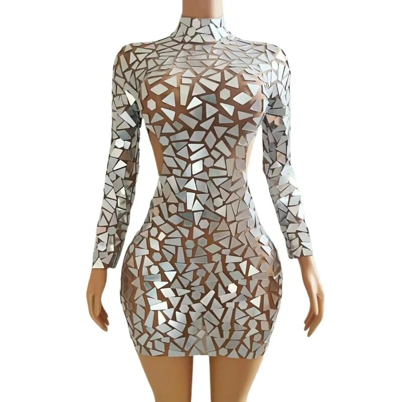Shining Silver Mirrors Cut-out Dress Women Sexy Transparent Long Sleeves Birthday Celebrate Dress Outfit Prom Party Wear Luyao