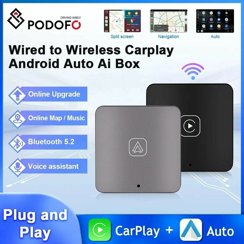 Podofo android auto ai box drahtlos android auto adapter carplay dongle bluetooth wifi plug and play für vw audi toyota honda