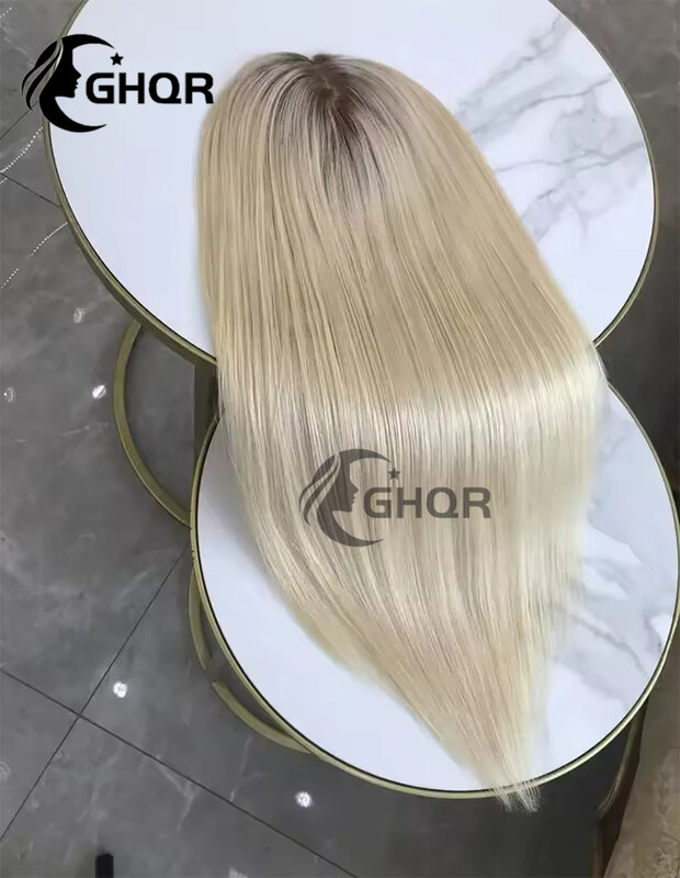Perruque Full Lace Front Wig naturelle lisse, cheveux humains, blond platine, 13x6, 360, pre-plucked, racines foncées, transparente, swd'appareils