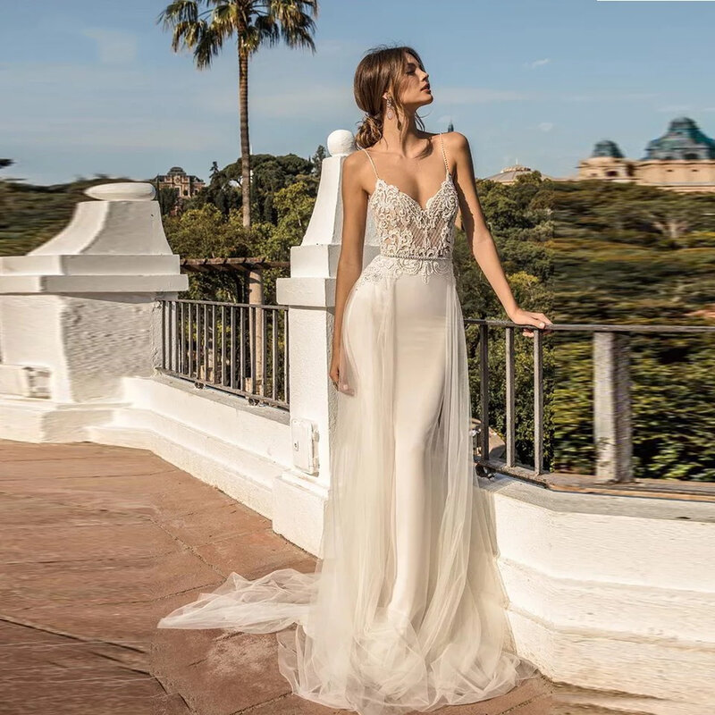 Gaun pernikahan putri duyung panjang 2 dalam 1 gaun pesta renda tanpa lengan leher-v tali Spaghetti 2024 gaun pengantin wanita punggung terbuka