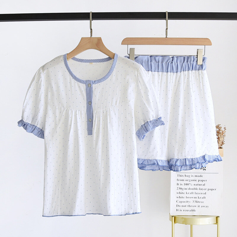 Short Sleeves Homewear Two Piece Set Sleepwear Summer Crew Neck Half Cardigan Shorts Pajamas Girl  Cotton Double Gauze Sleepwear