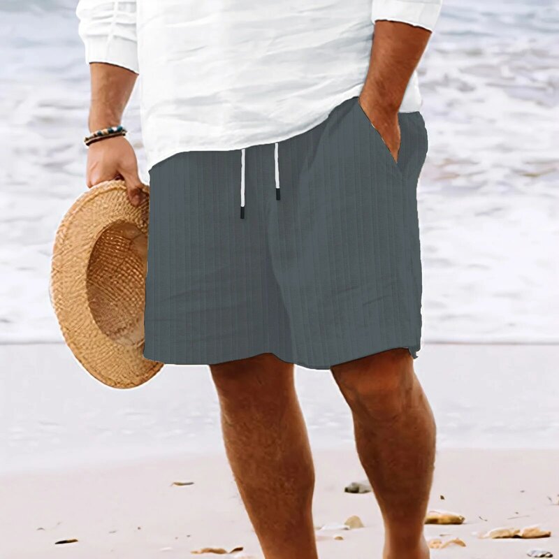 Celana pendek pantai cepat kering pria, celana selancar katun baru dan celana pendek rami banyak tas tali dapat diluncurkan