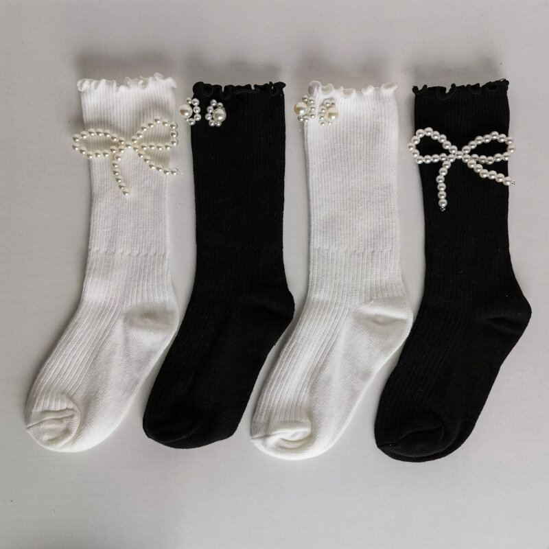Simpatici calzini lunghi al ginocchio neri bianchi perla giapponese per neonate bambini primavera autunno con volant principessa Lolita calza