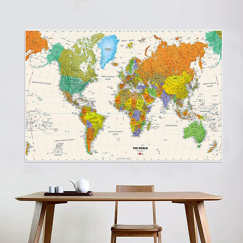 Mapa del mundo plegable sin bandera de país, mapa físico impermeable de 150x225cm para viajes y viajes, suministros de oficina y escuela