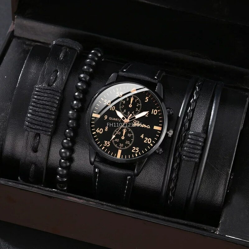 Relógio de pulso masculino de quartzo, pulseira de couro marrom, relógio casual, relógio de luxo, novo, sem caixa, 4 pcs, 2 pcs, 1pc