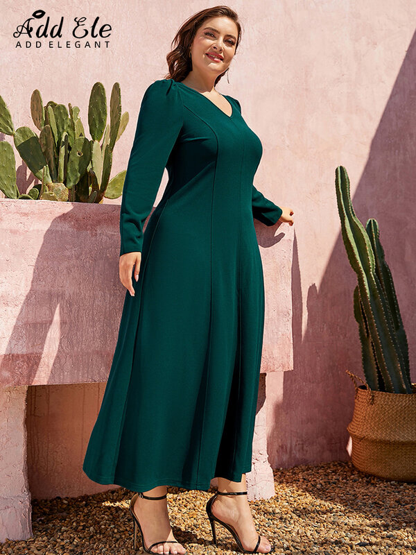 Add Elegant Plus Size Dress Women 2022 Autumn Pleated Design Casual Gentle V-Neck Stylish Long Sleeve Loose Clothing B1089