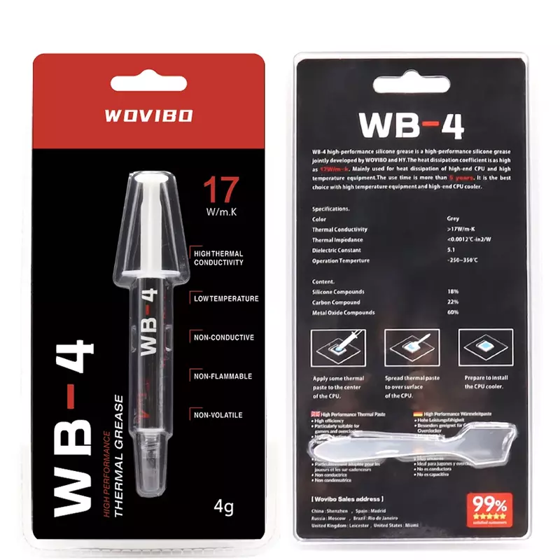 Wovibo-pasta de grasa térmica, compuesto de silicona WB-4 WB 4 4g 2g 17 w/m-k para CPU, impresora GPU, disipador térmico, Enfriador de refrigeración