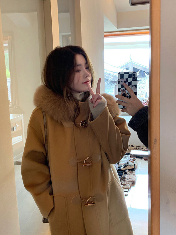 Женское шерстяное пальто с пушистым капюшоном, осенне-зимнее повседневное однотонное Свободное пальто с длинным рукавом, Женская шикарная верхняя одежда