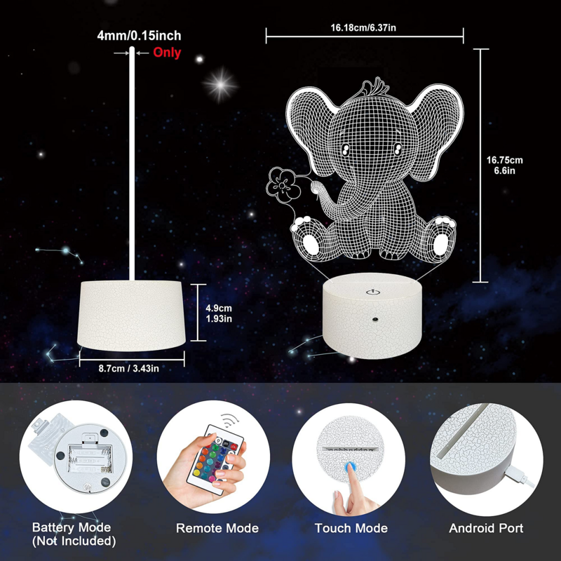ช้าง3D โคมไฟ,LED Illusion Night Light ห้องนอนไฟตกแต่งด้วยรีโมทคอนโทรล16สีโคมไฟตั้งโต๊ะวันเกิด Xmas ของขวัญของเล่น