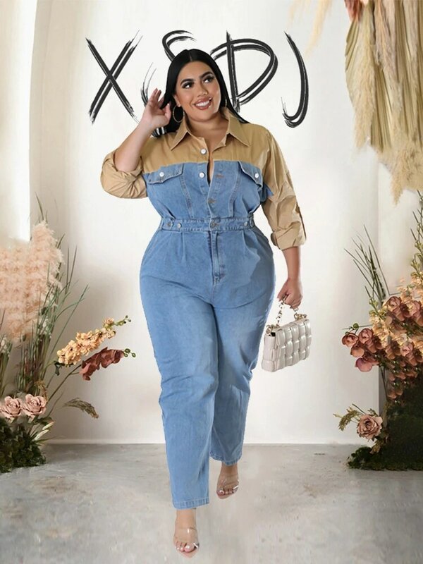 Macacão jeans solto feminino, manga longa, patchwork de algodão, terno jeans de uma peça, plus size, atacado, transporte da gota