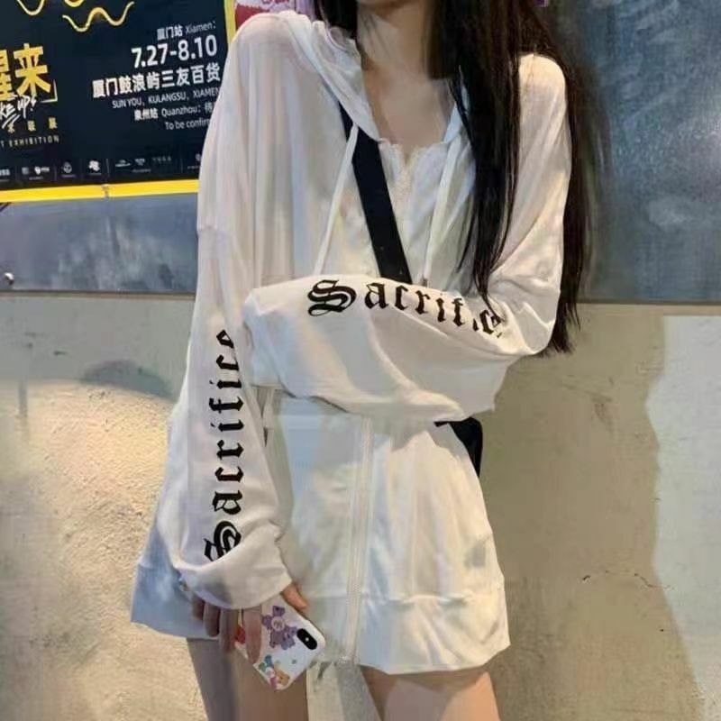 Summer Breathable Ice Silk Sun Protection Clothing Female Students Korean Style Loose FashioninsWhite Hooded Zipper Jacket Long-