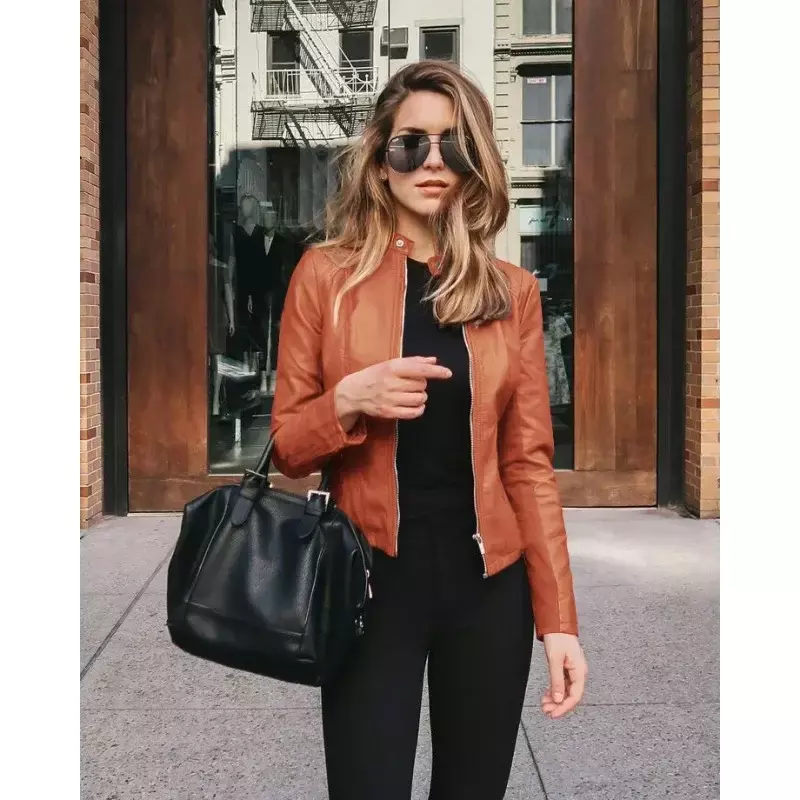 Wepbel Women's Fashion Leather PU Blazer Solid Color Long Sleeve Zipper PU Coats Outwear Pockets Autumn Casual Leather Jackets