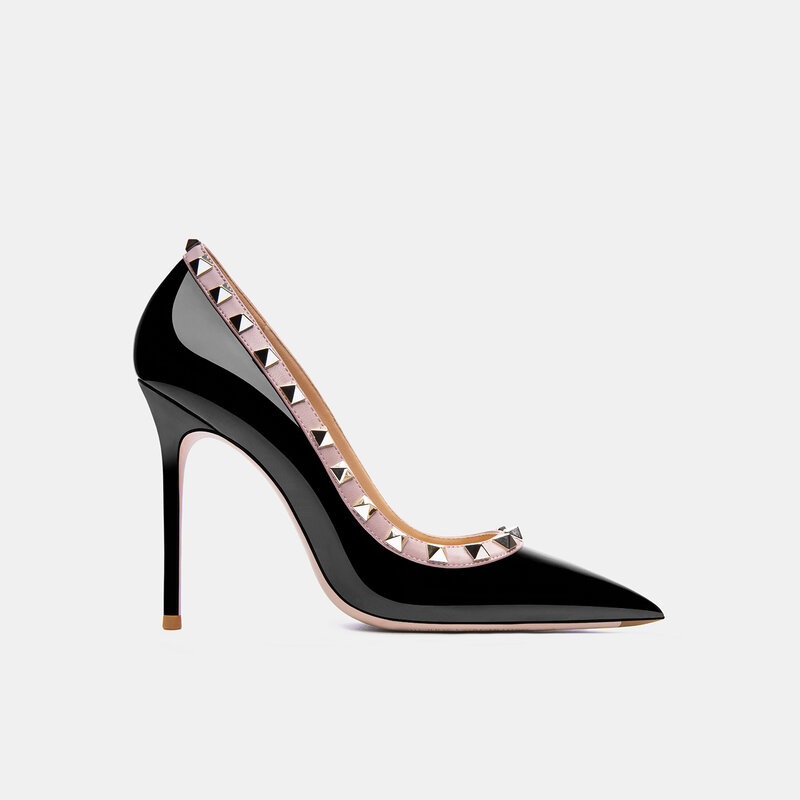 Zapatos de tacón alto con remaches metálicos de lujo para mujer, zapatos de tacón fino puntiagudos de 10 cm, a la moda, clásicos, para boda