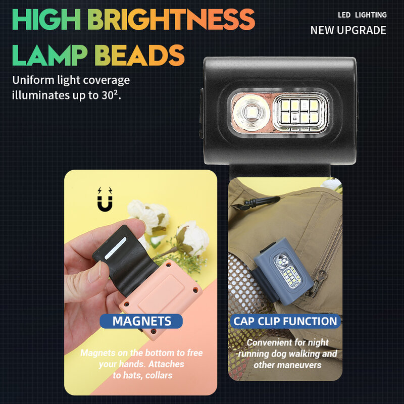 Fari magnetici a LED lampada frontale da pesca notturna di tipo C clip per vestiti portatili ricaricabili, luci da lavoro in Silicone COB da corsa