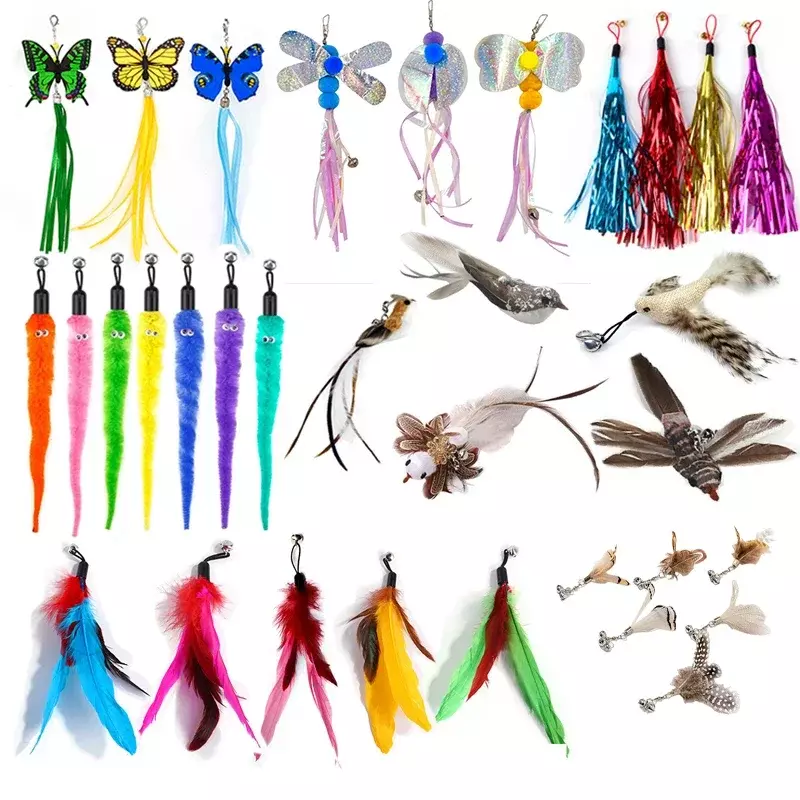Accessoires de jouets en plumes pour chat, faux oiseaux, jouet ver avec cloche, jouets interactifs pour chaton, recharge de balle en mousse d'entraînement