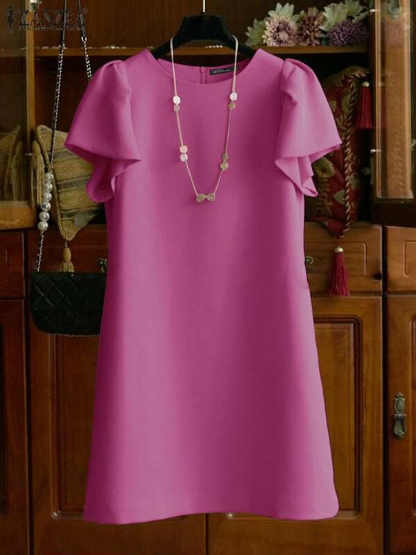 ZANZEA 2024 Summer Elegant Ruffled Sleeve Mini Sundress Women Vintage Solid Dress Office Lady Robe Casual O-neck Loose Vestidos