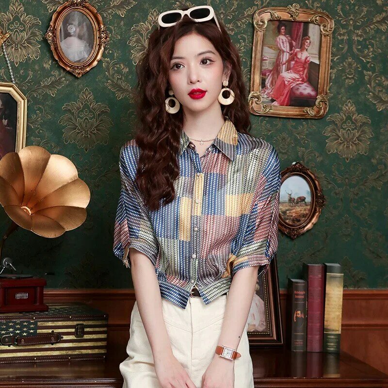 YCMYUNYAN-Blusas femininas com listras vintage, tops com estampas xadrez finas, mangas curtas, camisa de chiffon, roupas da moda verão