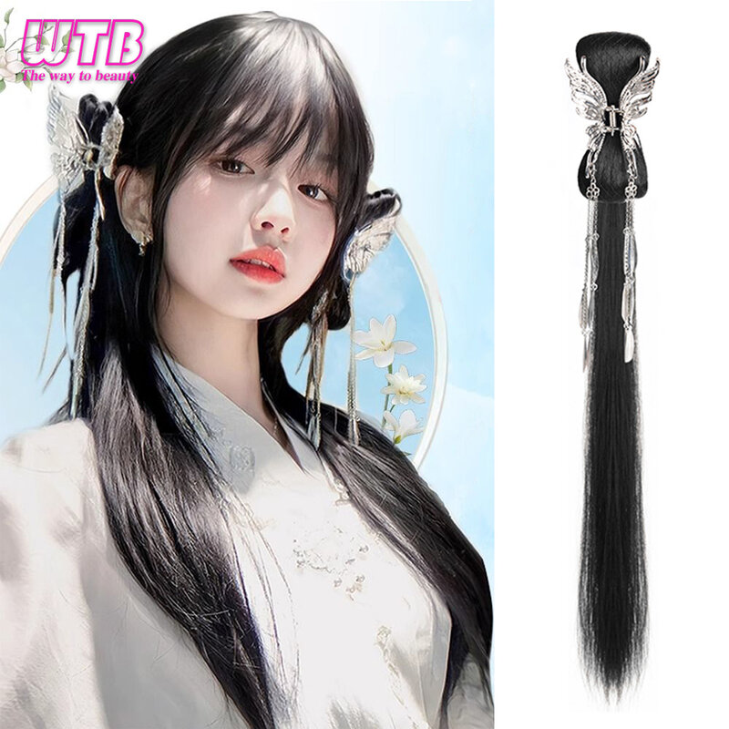WTB Synthetic Wig Braid Ponytail Fringed Bow Grip Double Ponytail Cosplay Wig Long Straight Ponytail