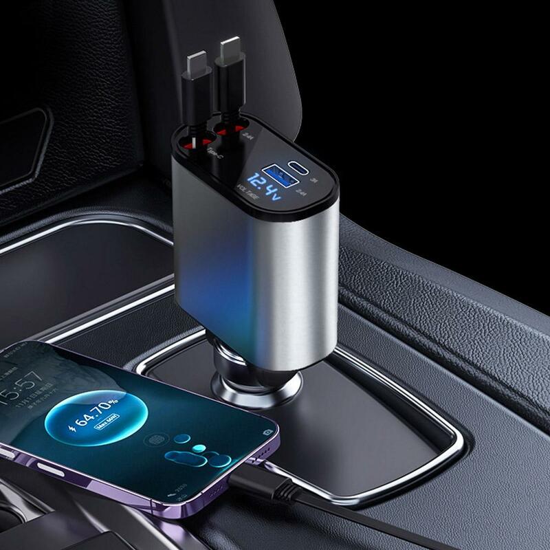 100W 4 IN 1 Retractable Car Charger USB Type C Cable For IPhone Fast Charge Cord Cigarette Lighter Adapter