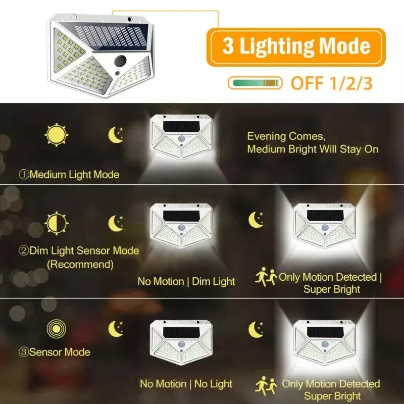 Luces LED solares con Sensor de movimiento PIR, luz de pared impermeable alimentada por energía Solar para decoración de jardín, lámpara de pared de calle, 100