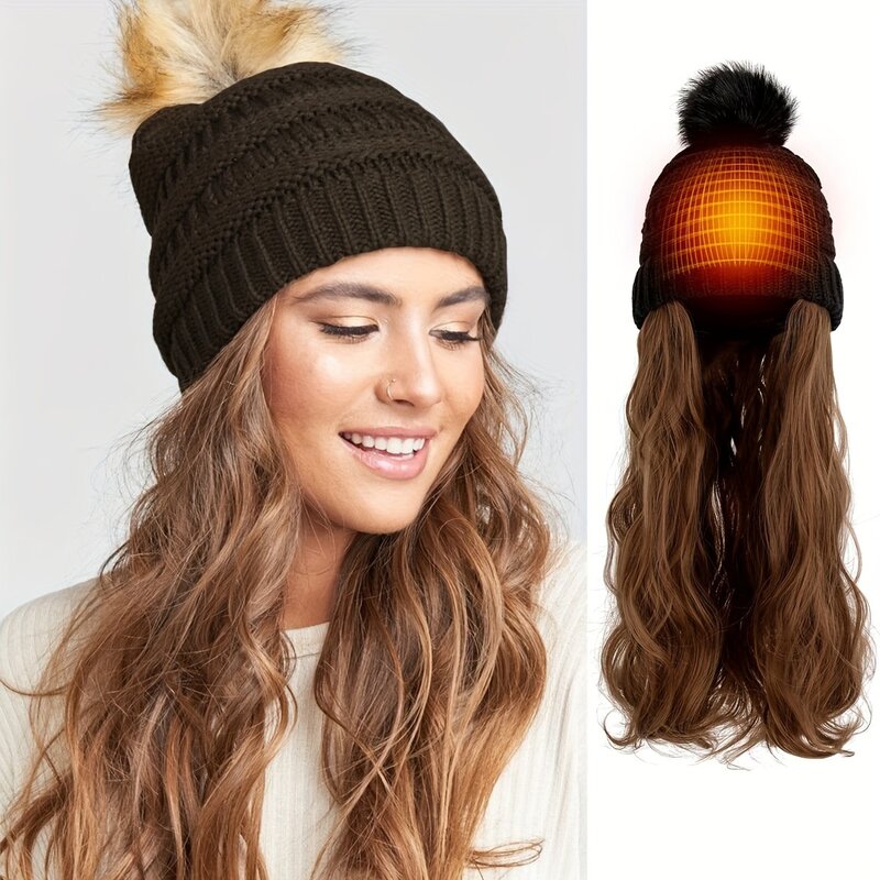 قبعة صغيرة محبوكة مع وصلات شعر للنساء ، قبعة بوم دافئة ، وصلات شعر مموجة طويلة ، قطعة شعر اصطناعية ، 20"